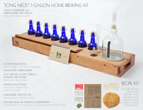The Long Neck - 1 Gallon beer making kit with 8 cobalt blue bottles